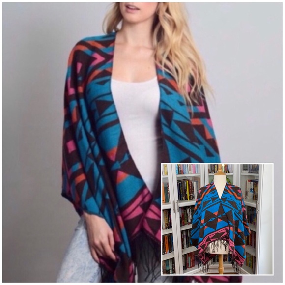 Teal Aztec Ruana Wrap Poncho - Picture 10 of 10